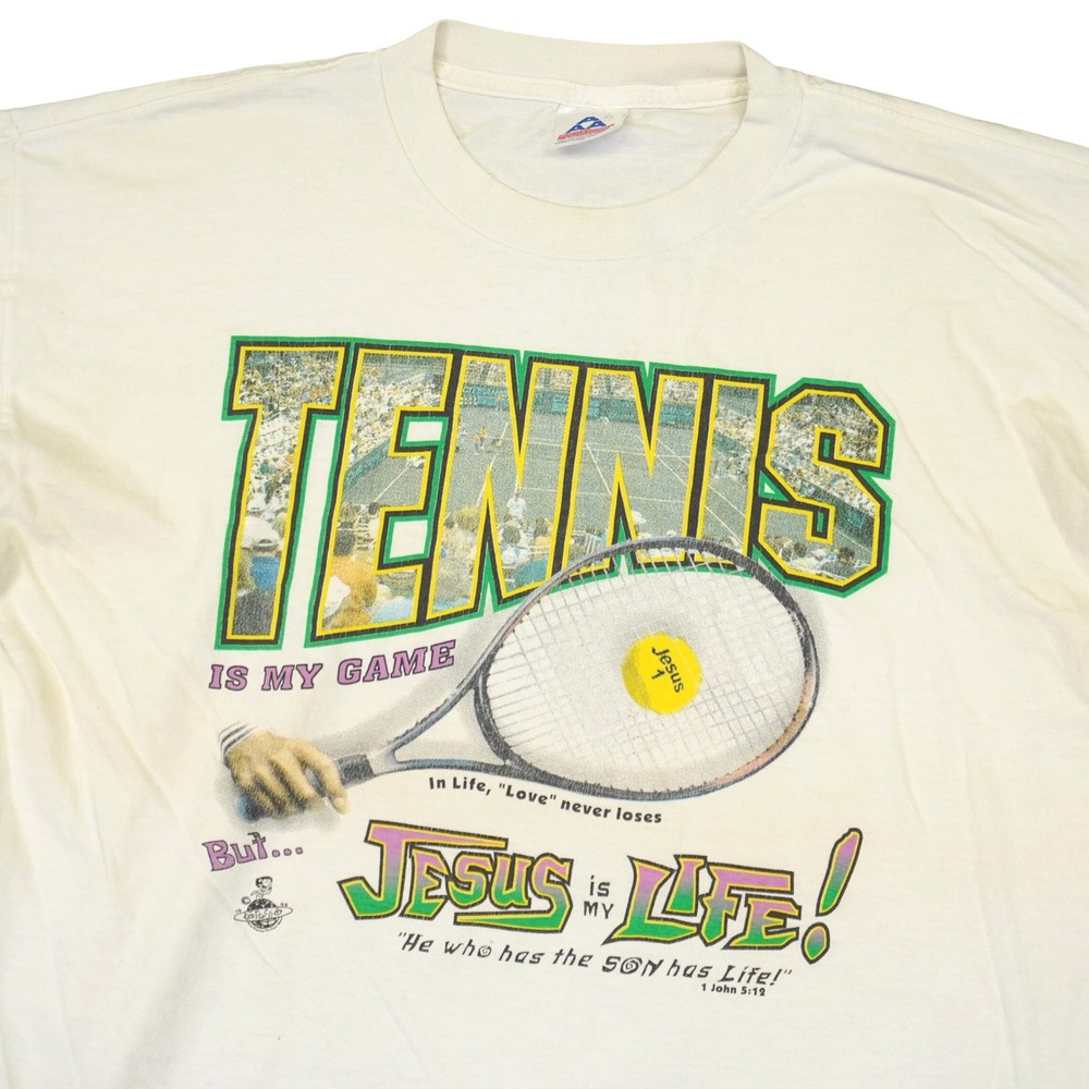 Vintage Kerusso 1998 Tennis Jesus Is My Life Shirt Graphic Tee Mens XL White